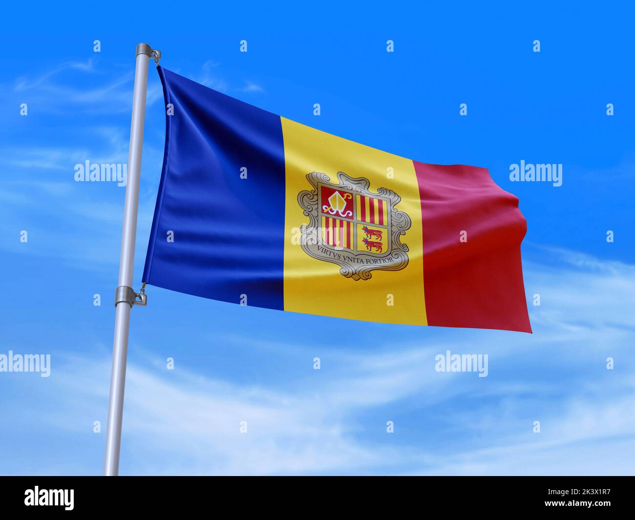 Schöne Andorra-Flagge winkt im Wind mit Himmel Hintergrund - 3D Abbildung - 3D Rendern Stockfoto