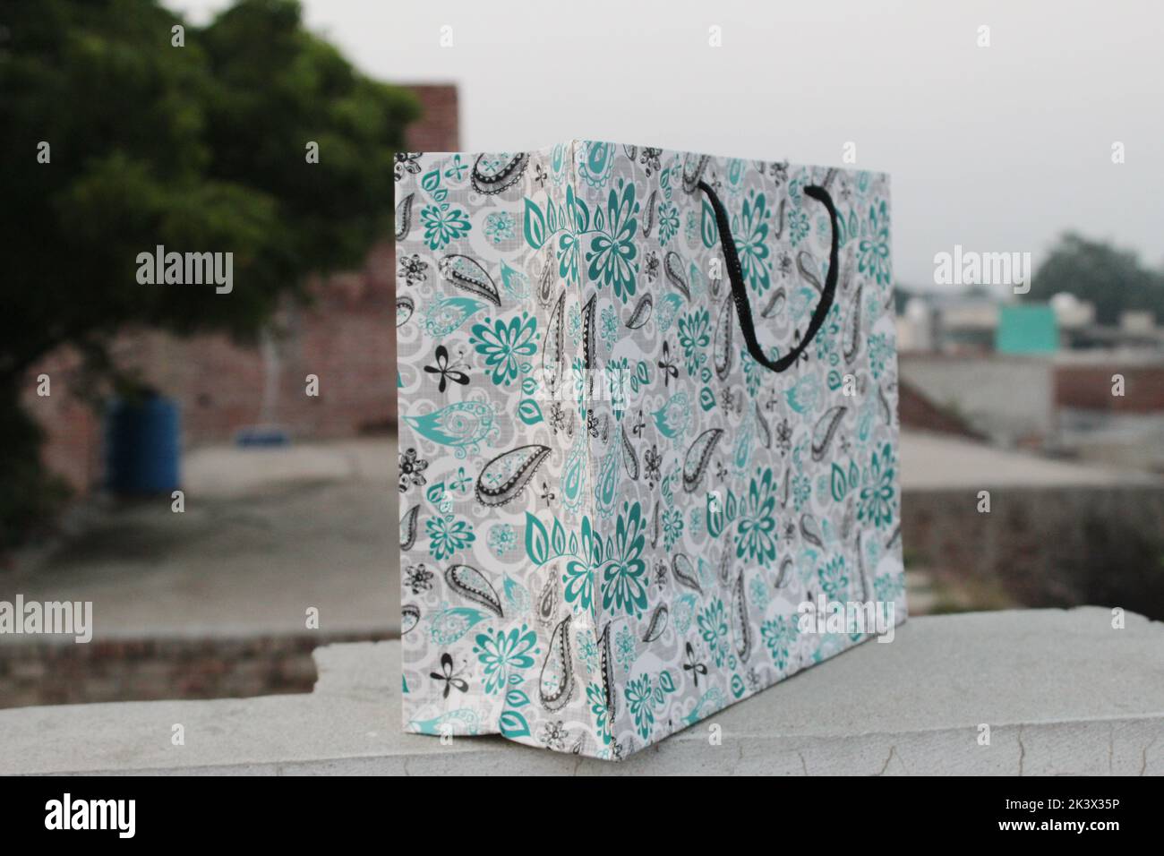 Bunte Papier Einkaufstaschen sind isoliert auf einem grünen natürlichen Hintergrund. Keine Plastiktüten nur umweltfreundliche Taschen. Stockfoto