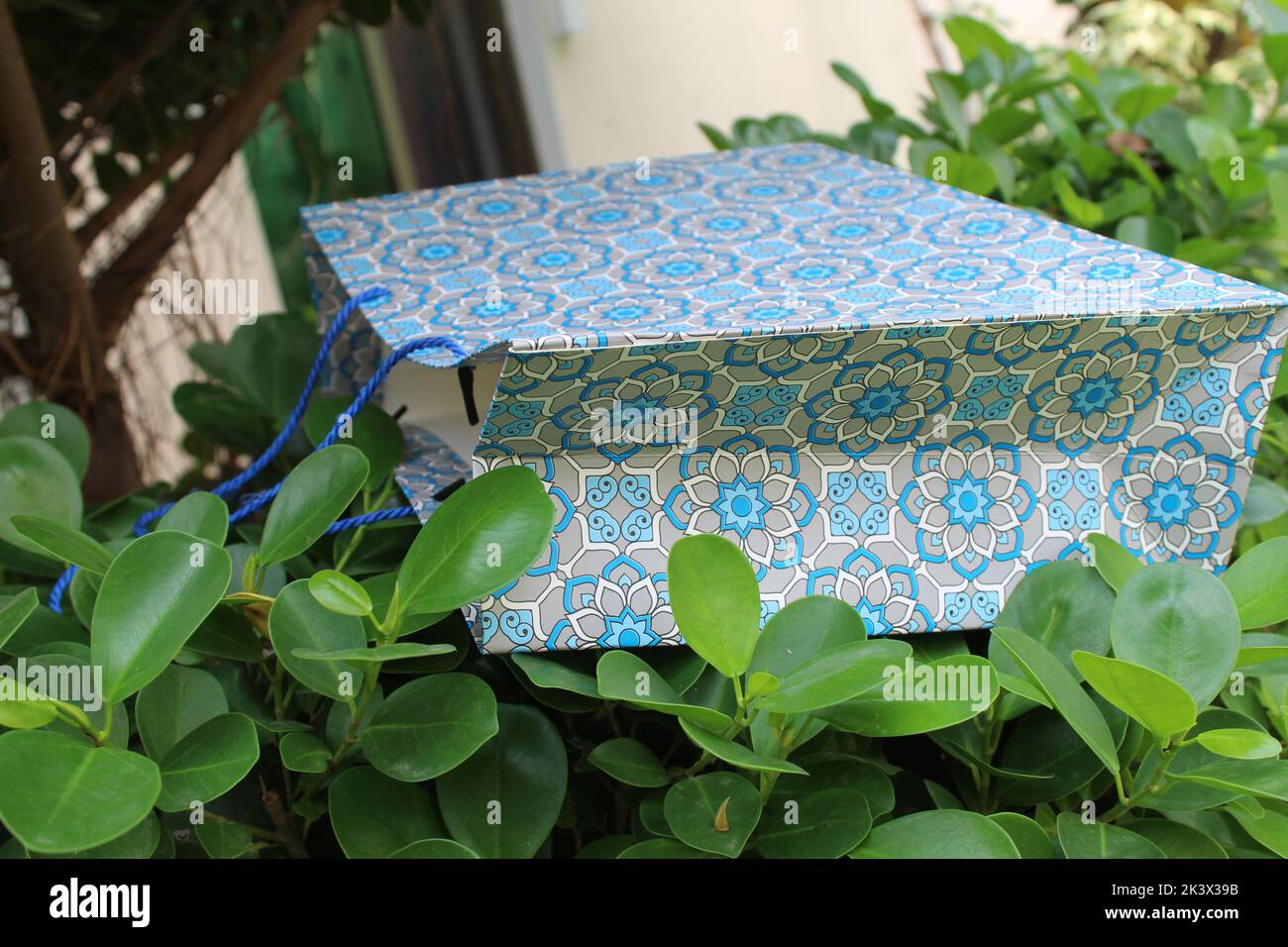 Bunte Papier Einkaufstaschen sind isoliert auf einem grünen natürlichen Hintergrund. Keine Plastiktüten nur umweltfreundliche Taschen. Stockfoto