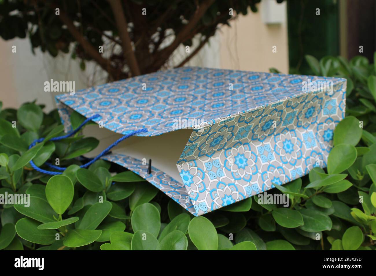 Bunte Papier Einkaufstaschen sind isoliert auf einem grünen natürlichen Hintergrund. Keine Plastiktüten nur umweltfreundliche Taschen. Stockfoto