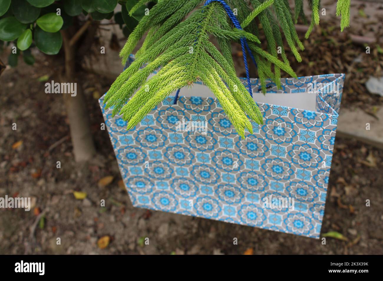 Bunte Papier Einkaufstaschen sind isoliert auf einem grünen natürlichen Hintergrund. Keine Plastiktüten nur umweltfreundliche Taschen. Stockfoto