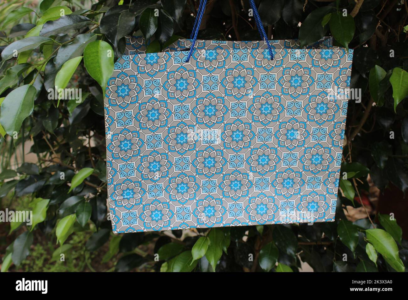 Bunte Papier Einkaufstaschen sind isoliert auf einem grünen natürlichen Hintergrund. Keine Plastiktüten nur umweltfreundliche Taschen. Stockfoto