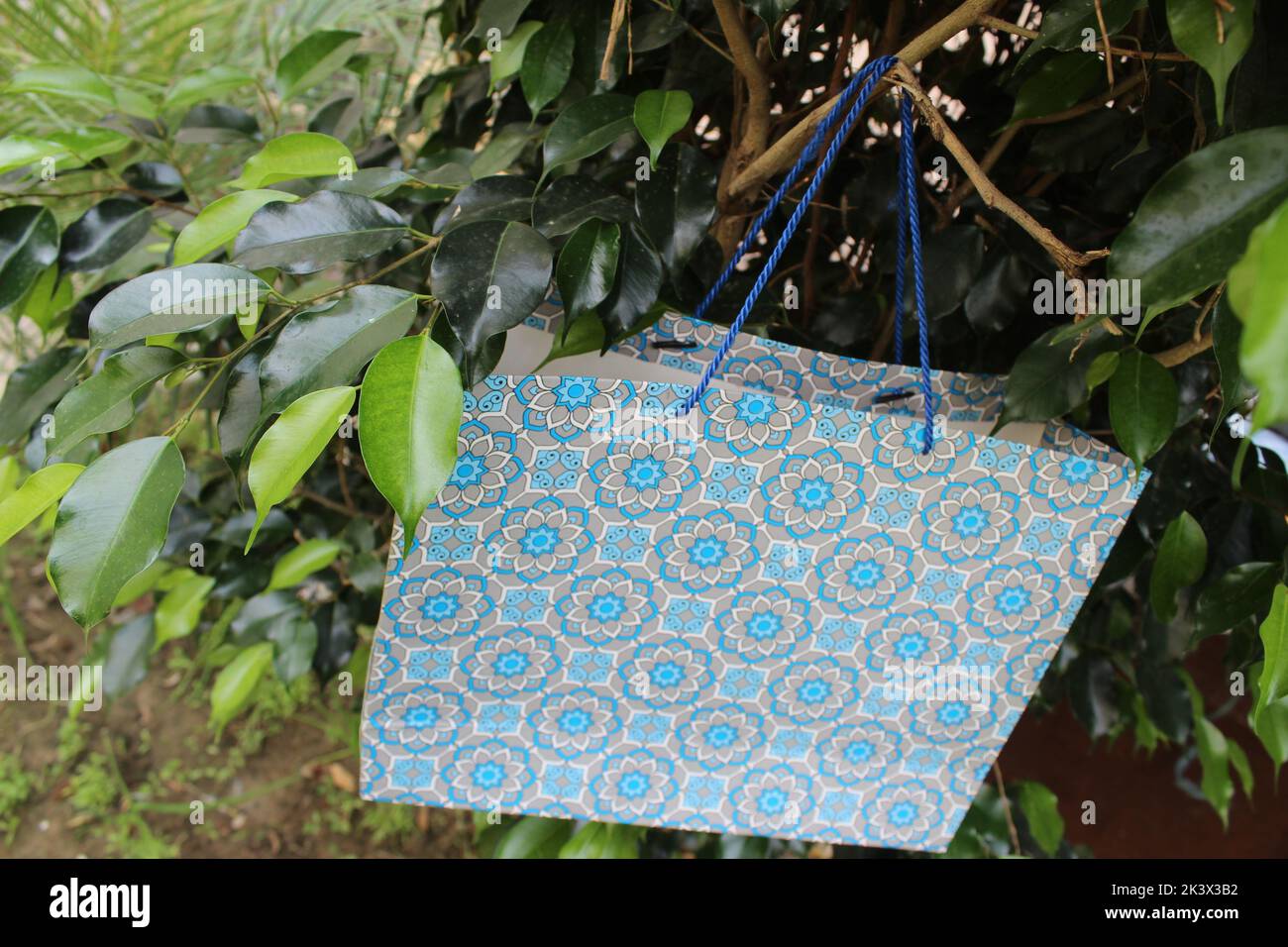 Bunte Papier Einkaufstaschen sind isoliert auf einem grünen natürlichen Hintergrund. Keine Plastiktüten nur umweltfreundliche Taschen. Stockfoto