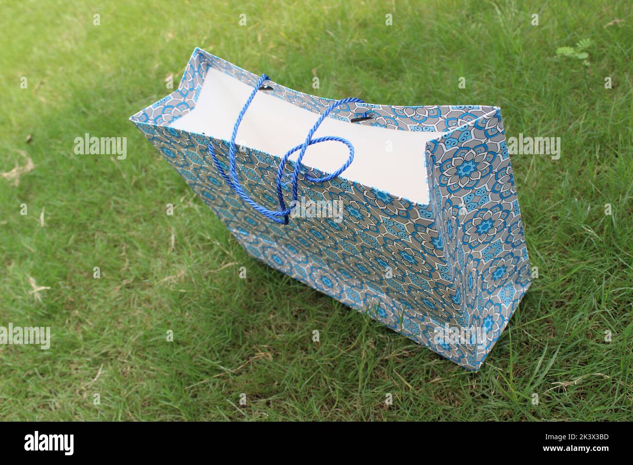 Bunte Papier Einkaufstaschen sind isoliert auf einem grünen natürlichen Hintergrund. Keine Plastiktüten nur umweltfreundliche Taschen. Stockfoto