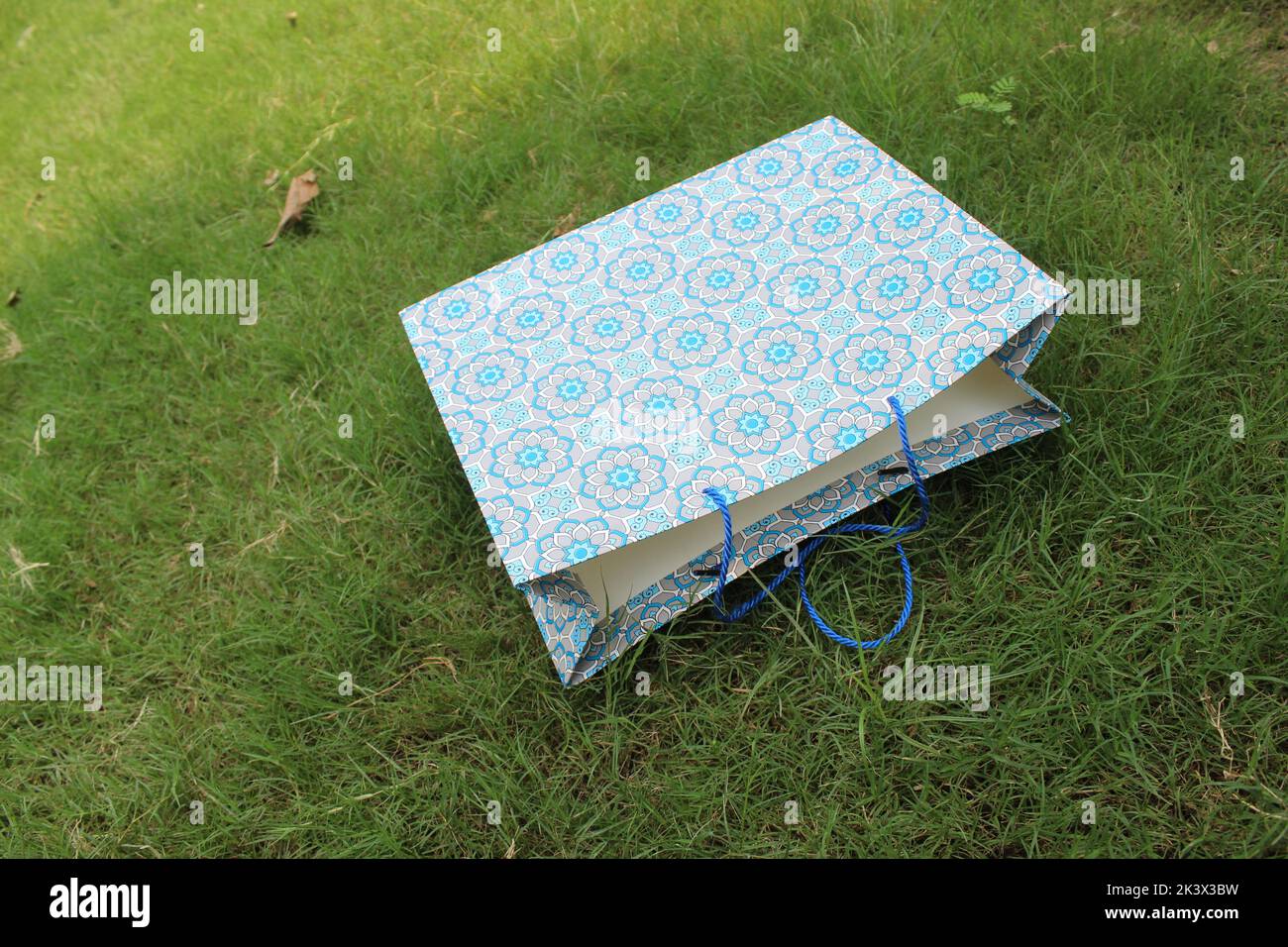 Bunte Papier Einkaufstaschen sind isoliert auf einem grünen natürlichen Hintergrund. Keine Plastiktüten nur umweltfreundliche Taschen. Stockfoto