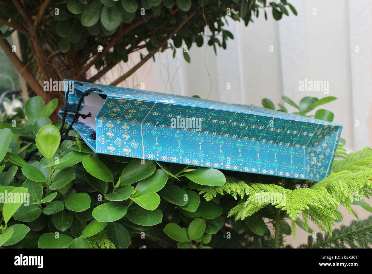 Bunte Papier Einkaufstaschen sind isoliert auf einem grünen natürlichen Hintergrund. Keine Plastiktüten nur umweltfreundliche Taschen. Stockfoto