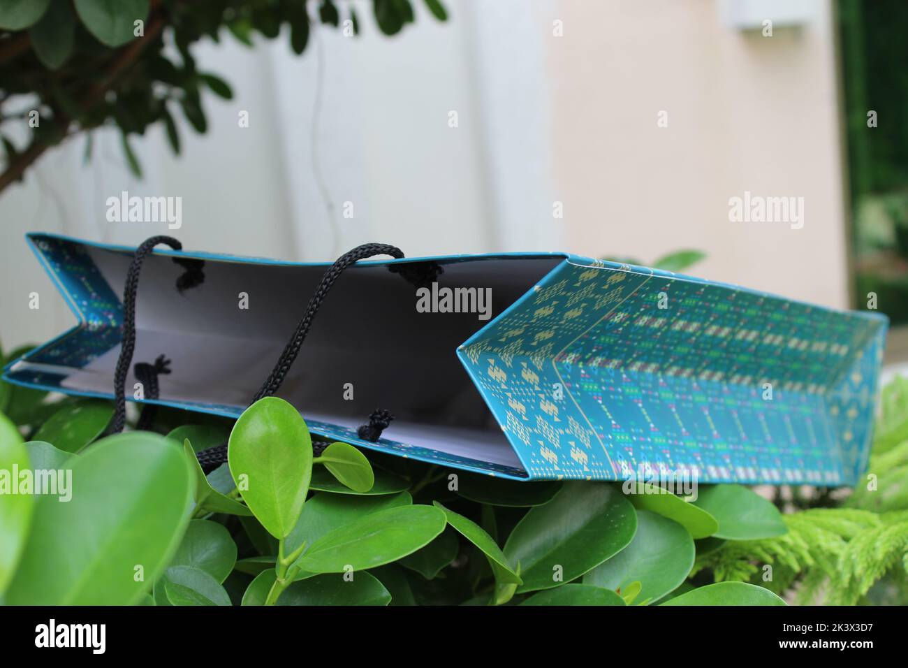 Bunte Papier Einkaufstaschen sind isoliert auf einem grünen natürlichen Hintergrund. Keine Plastiktüten nur umweltfreundliche Taschen. Stockfoto