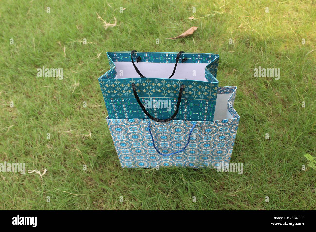 Bunte Papier Einkaufstaschen sind isoliert auf einem grünen natürlichen Hintergrund. Keine Plastiktüten nur umweltfreundliche Taschen. Stockfoto