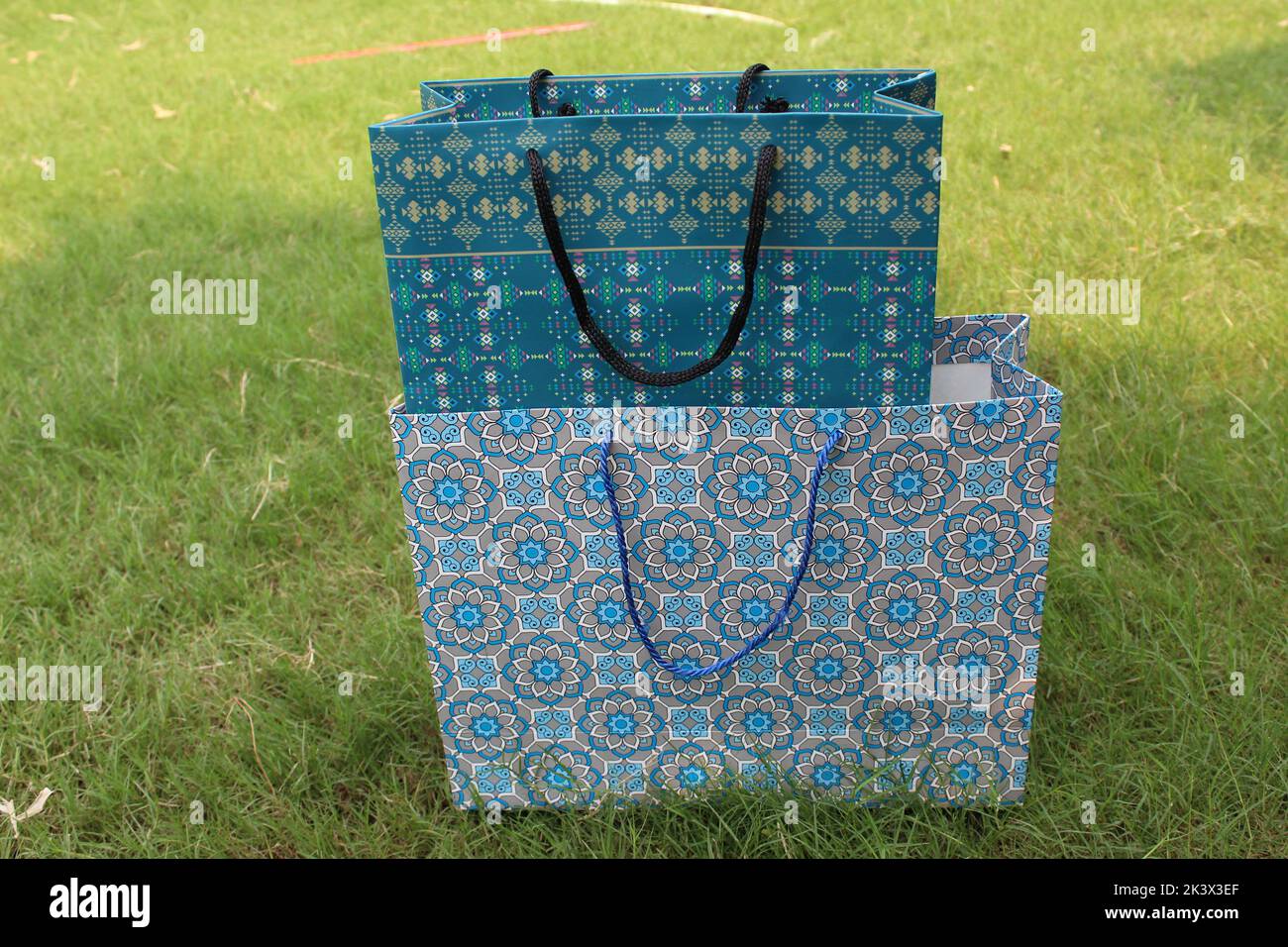 Bunte Papier Einkaufstaschen sind isoliert auf einem grünen natürlichen Hintergrund. Keine Plastiktüten nur umweltfreundliche Taschen. Stockfoto