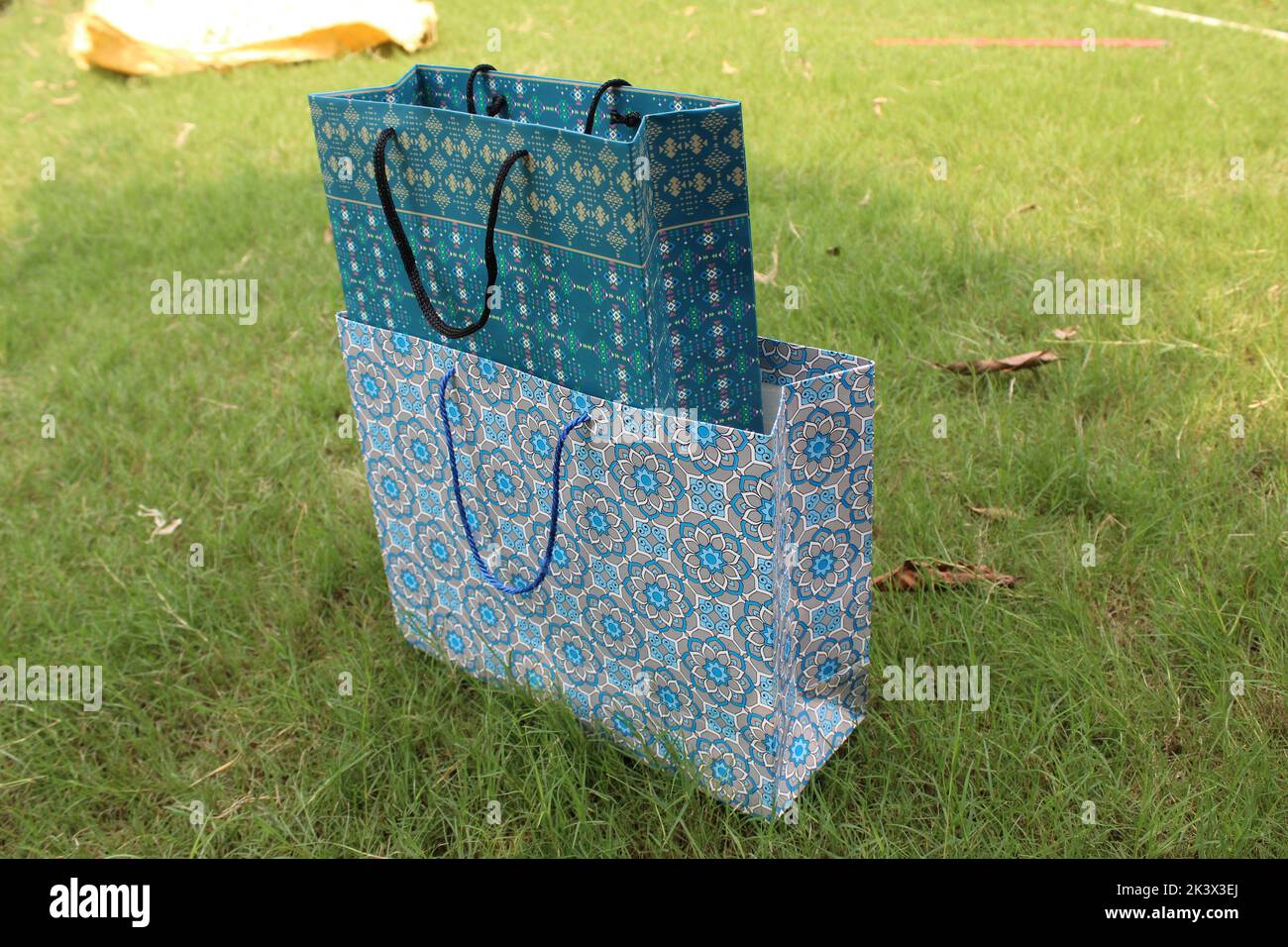 Bunte Papier Einkaufstaschen sind isoliert auf einem grünen natürlichen Hintergrund. Keine Plastiktüten nur umweltfreundliche Taschen. Stockfoto