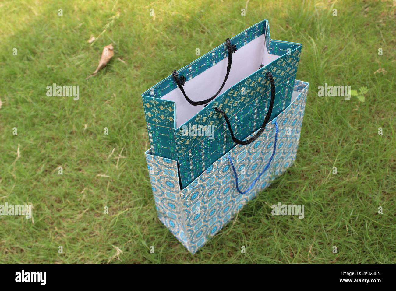 Bunte Papier Einkaufstaschen sind isoliert auf einem grünen natürlichen Hintergrund. Keine Plastiktüten nur umweltfreundliche Taschen. Stockfoto