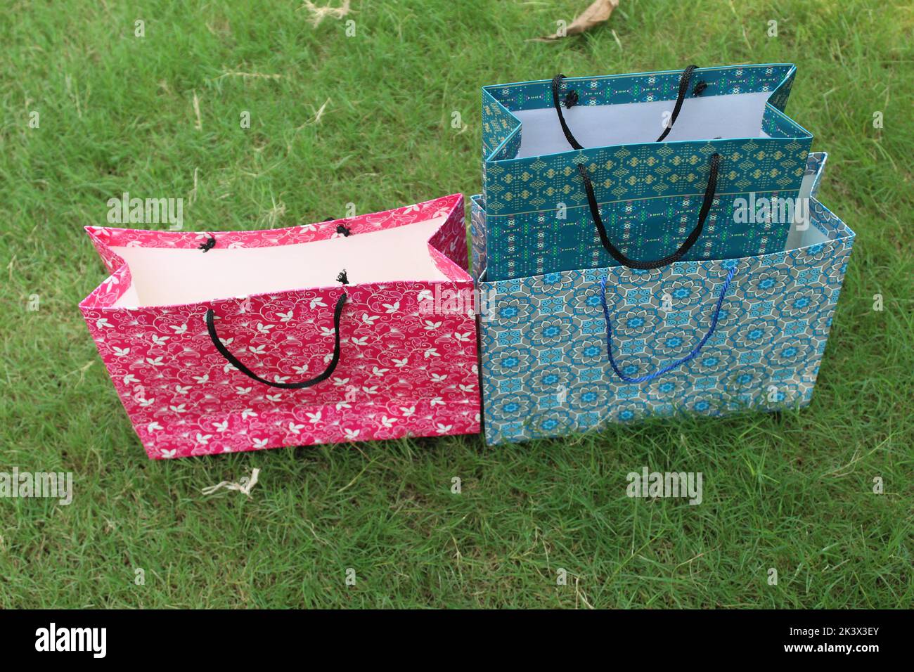 Bunte Papier Einkaufstaschen sind isoliert auf einem grünen natürlichen Hintergrund. Keine Plastiktüten nur umweltfreundliche Taschen. Stockfoto