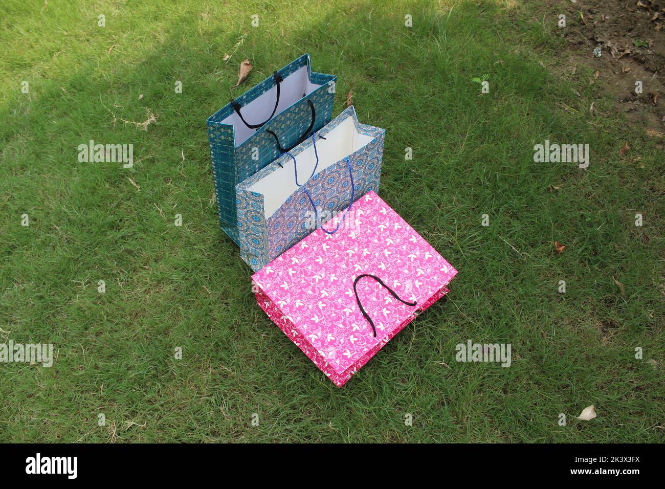 Bunte Papier Einkaufstaschen sind isoliert auf einem grünen natürlichen Hintergrund. Keine Plastiktüten nur umweltfreundliche Taschen. Stockfoto