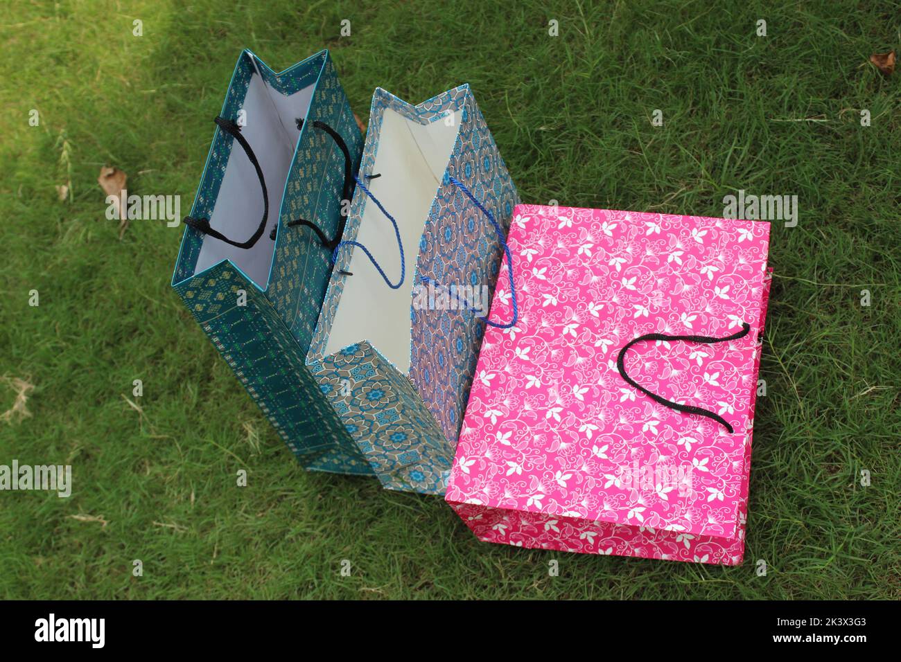 Bunte Papier Einkaufstaschen sind isoliert auf einem grünen natürlichen Hintergrund. Keine Plastiktüten nur umweltfreundliche Taschen. Stockfoto