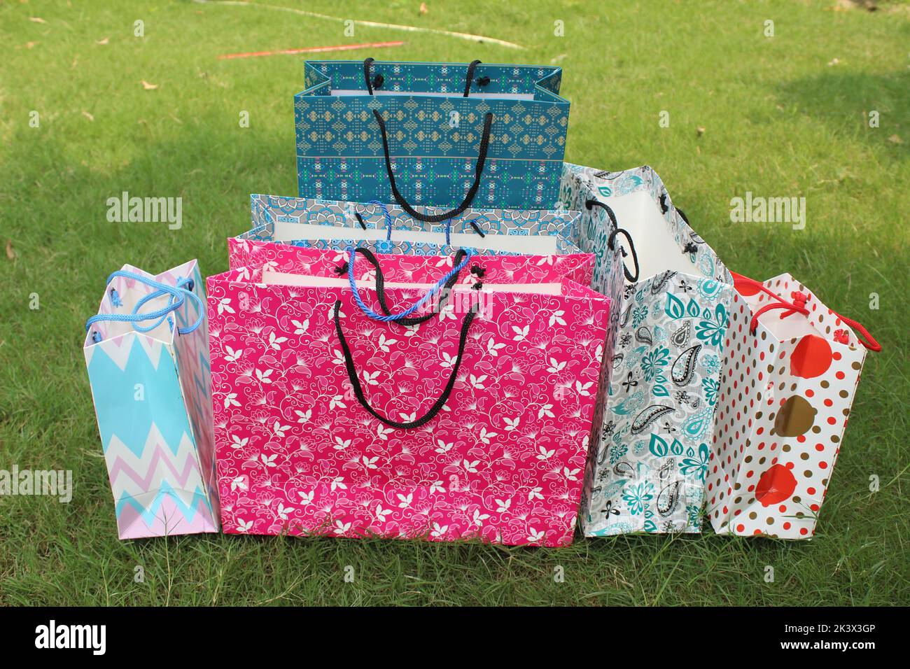 Bunte Papier Einkaufstaschen sind isoliert auf einem grünen natürlichen Hintergrund. Keine Plastiktüten nur umweltfreundliche Taschen. Stockfoto