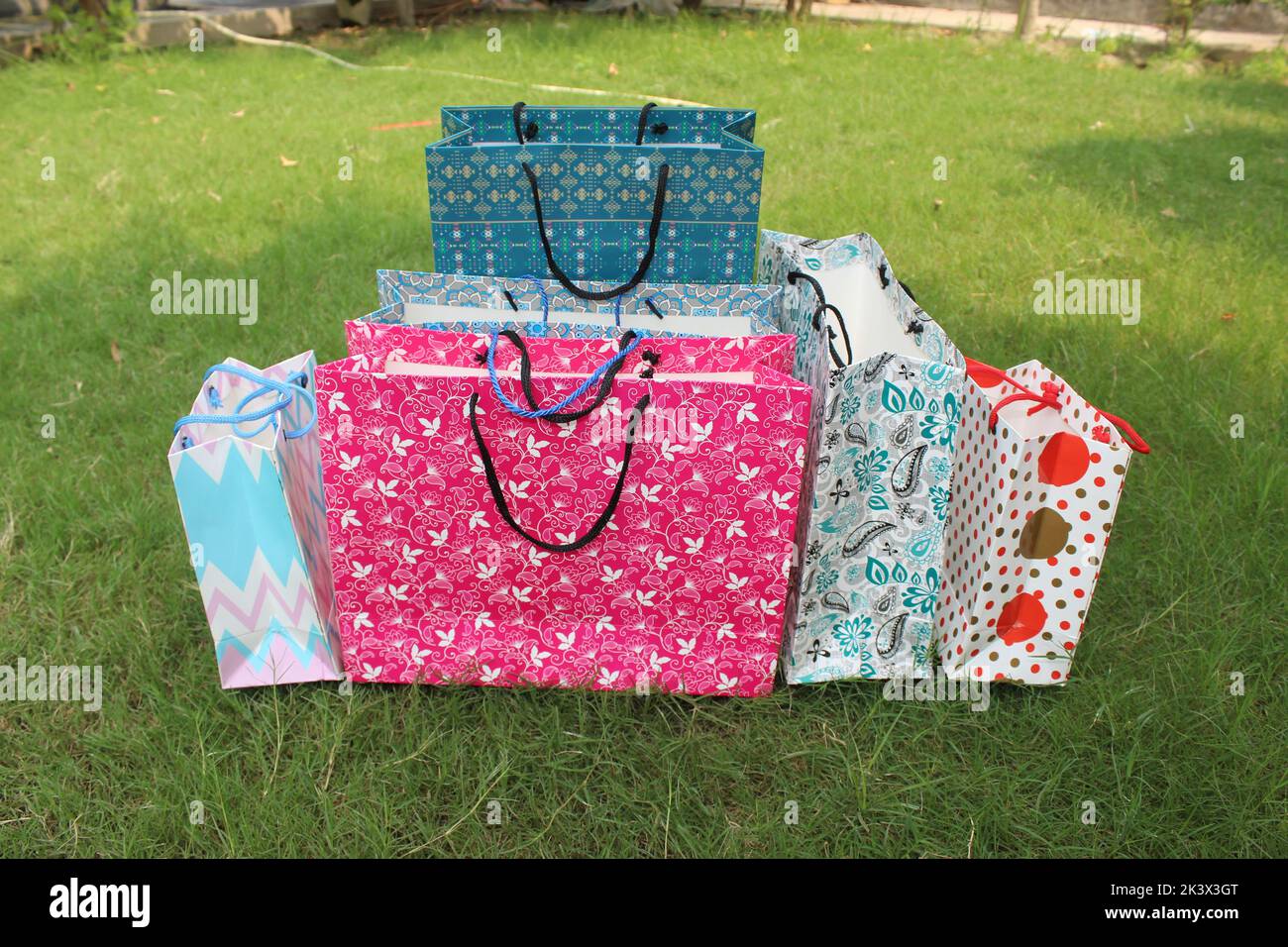 Bunte Papier Einkaufstaschen sind isoliert auf einem grünen natürlichen Hintergrund. Keine Plastiktüten nur umweltfreundliche Taschen. Stockfoto