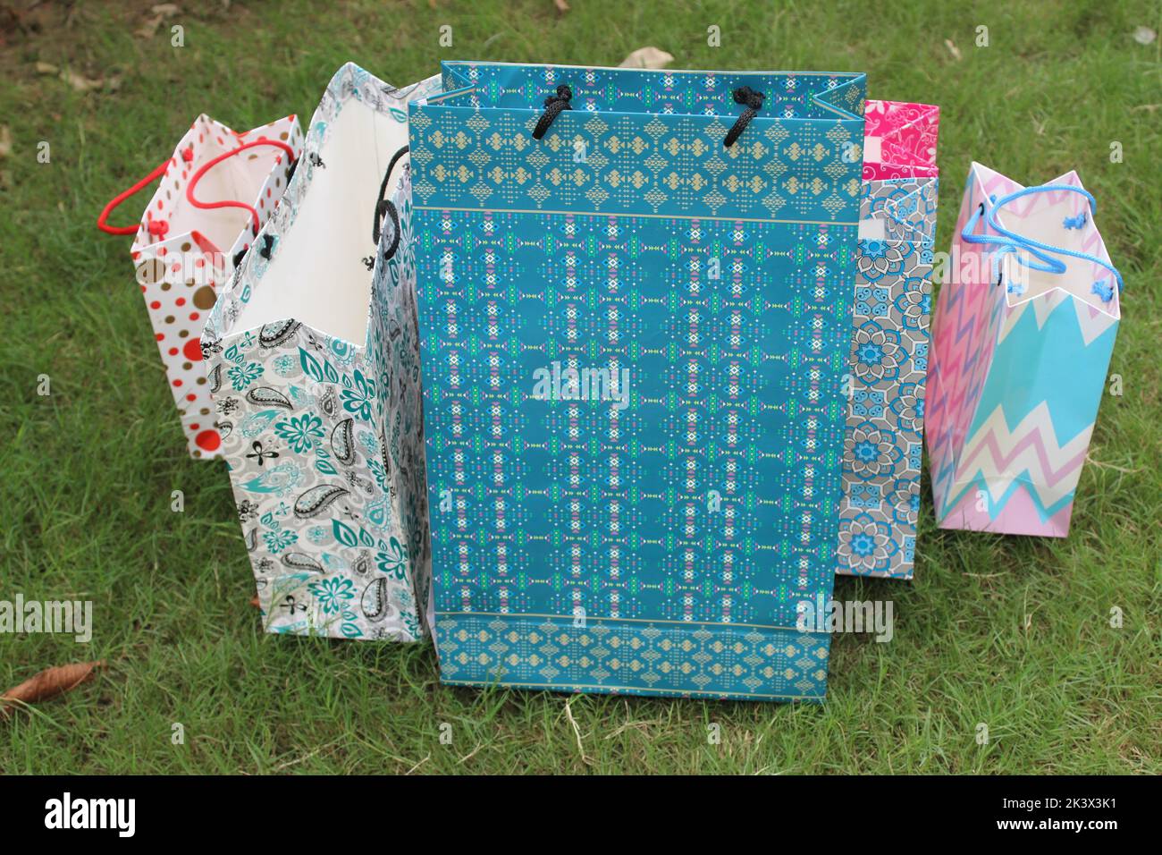 Bunte Papier Einkaufstaschen sind isoliert auf einem grünen natürlichen Hintergrund. Keine Plastiktüten nur umweltfreundliche Taschen. Stockfoto
