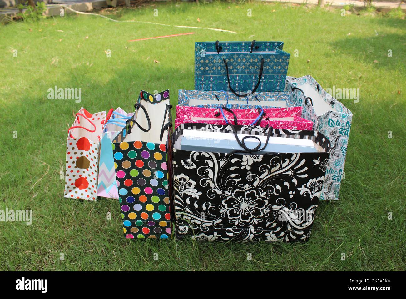 Bunte Papier Einkaufstaschen sind isoliert auf einem grünen natürlichen Hintergrund. Keine Plastiktüten nur umweltfreundliche Taschen. Stockfoto