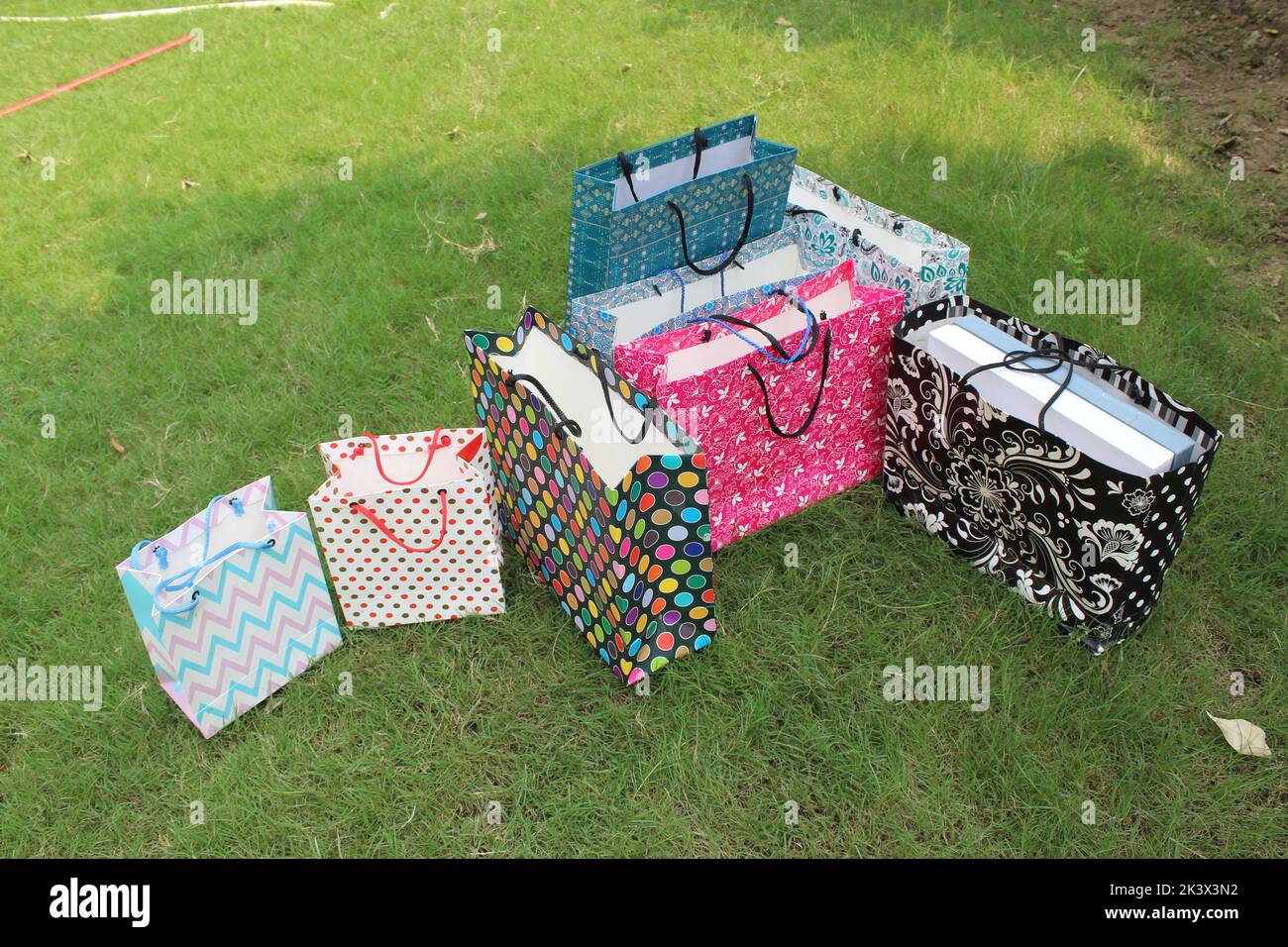 Bunte Papier Einkaufstaschen sind isoliert auf einem grünen natürlichen Hintergrund. Keine Plastiktüten nur umweltfreundliche Taschen. Stockfoto