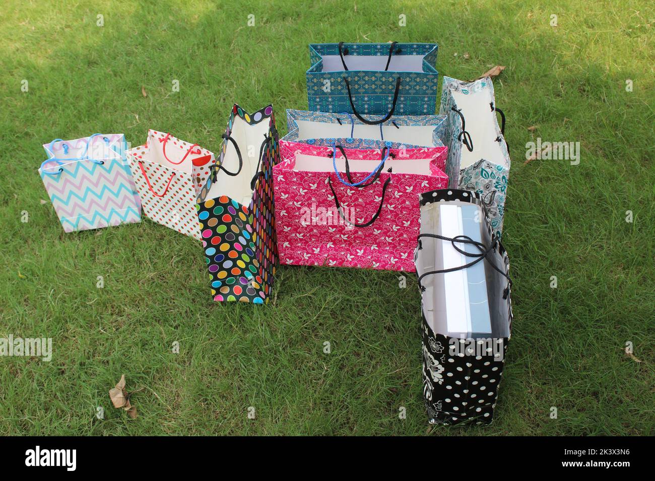 Bunte Papier Einkaufstaschen sind isoliert auf einem grünen natürlichen Hintergrund. Keine Plastiktüten nur umweltfreundliche Taschen. Stockfoto