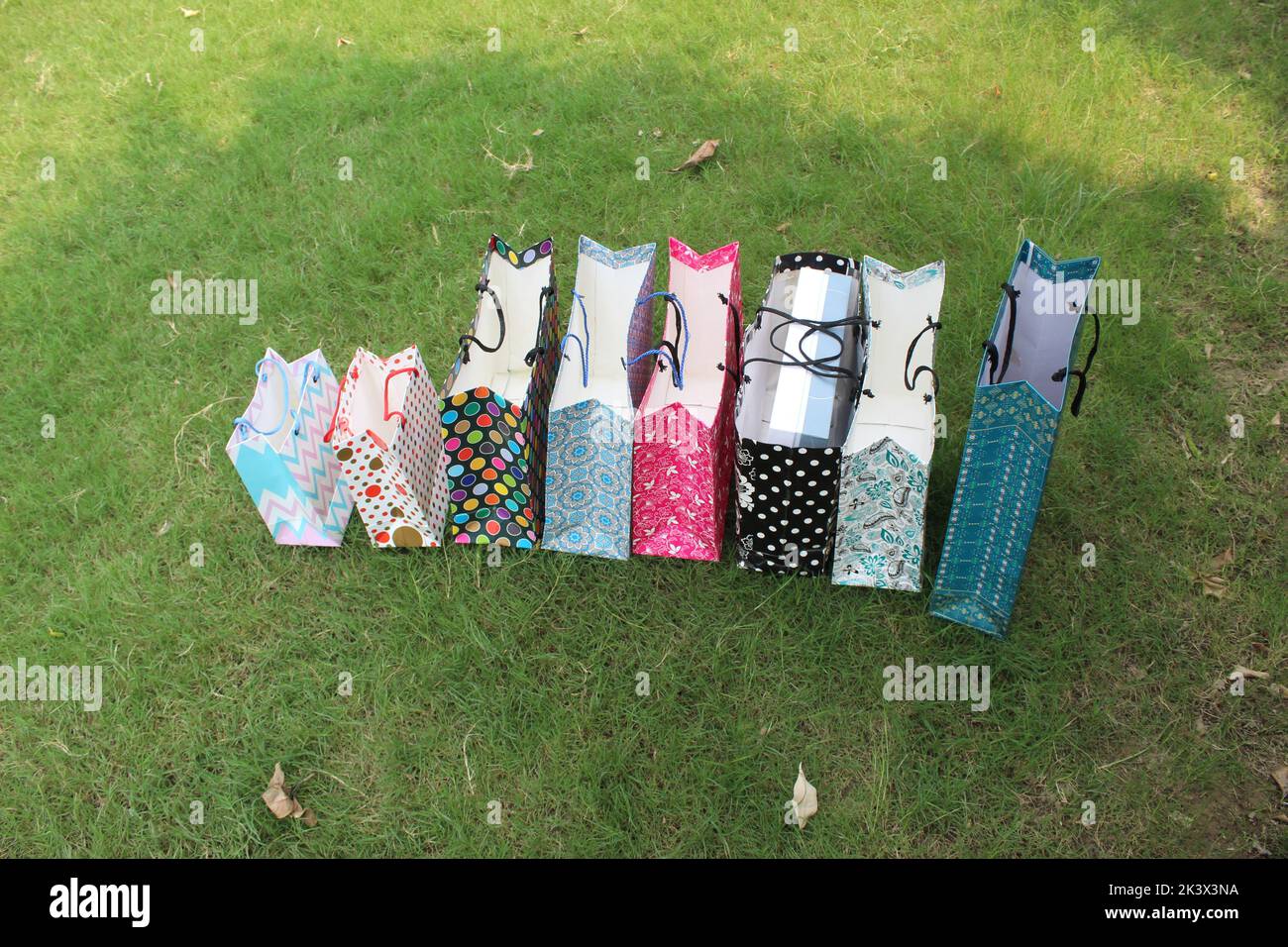 Bunte Papier Einkaufstaschen sind isoliert auf einem grünen natürlichen Hintergrund. Keine Plastiktüten nur umweltfreundliche Taschen. Stockfoto