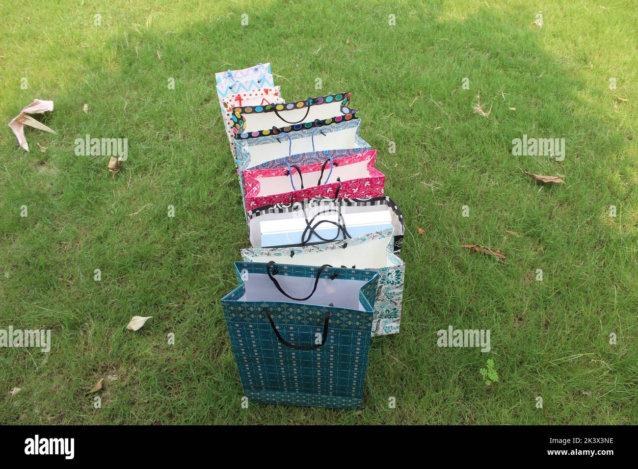 Bunte Papier Einkaufstaschen sind isoliert auf einem grünen natürlichen Hintergrund. Keine Plastiktüten nur umweltfreundliche Taschen. Stockfoto