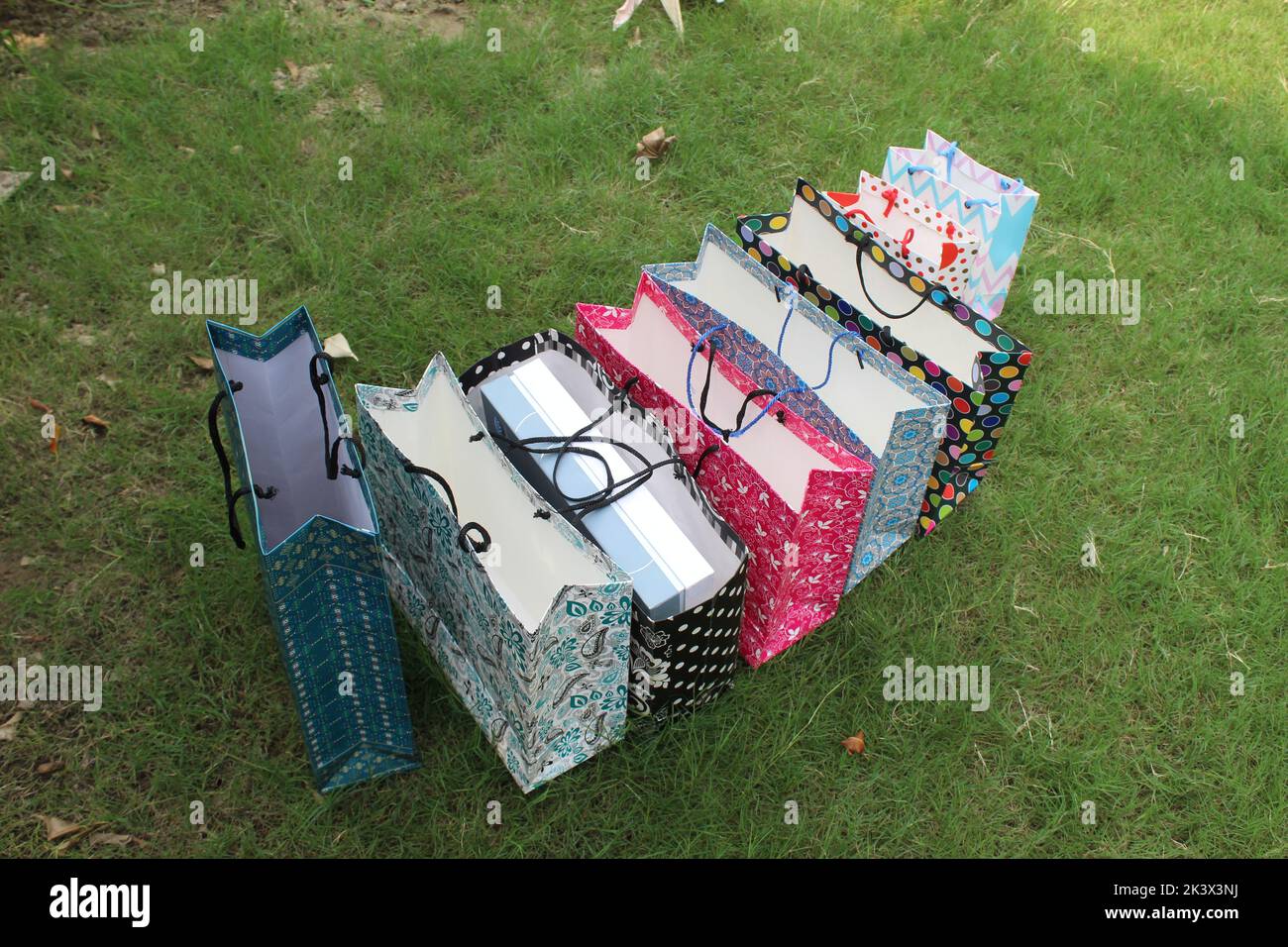 Bunte Papier Einkaufstaschen sind isoliert auf einem grünen natürlichen Hintergrund. Keine Plastiktüten nur umweltfreundliche Taschen. Stockfoto