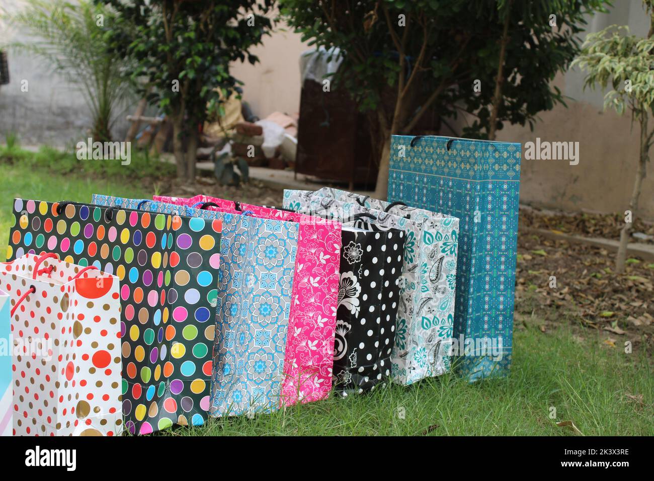 Bunte Papier Einkaufstaschen sind isoliert auf einem grünen natürlichen Hintergrund. Keine Plastiktüten nur umweltfreundliche Taschen. Stockfoto