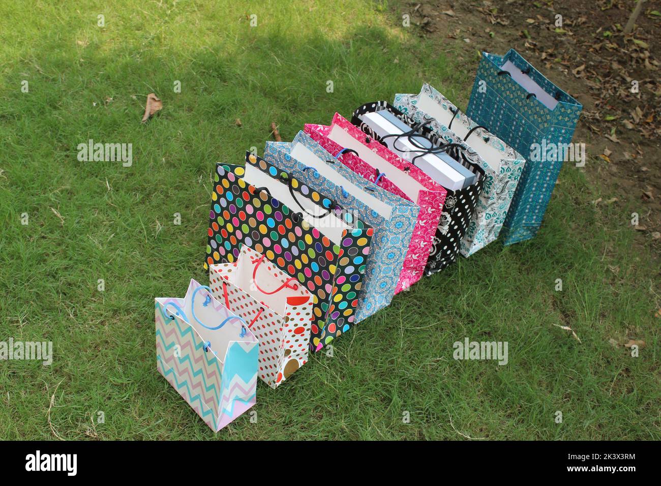 Bunte Papier Einkaufstaschen sind isoliert auf einem grünen natürlichen Hintergrund. Keine Plastiktüten nur umweltfreundliche Taschen. Stockfoto