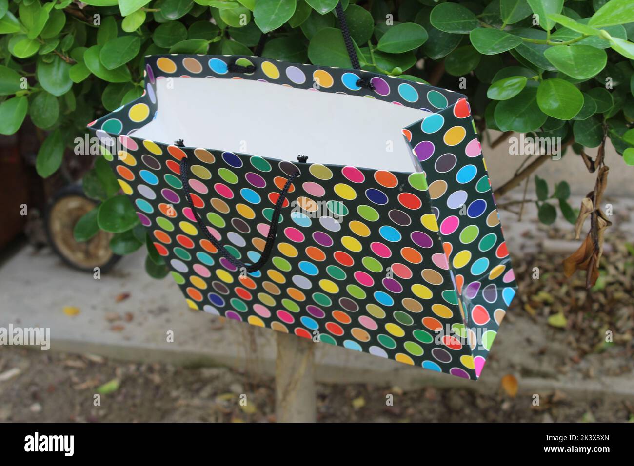 Bunte Papier Einkaufstaschen sind isoliert auf einem grünen natürlichen Hintergrund. Keine Plastiktüten nur umweltfreundliche Taschen. Stockfoto