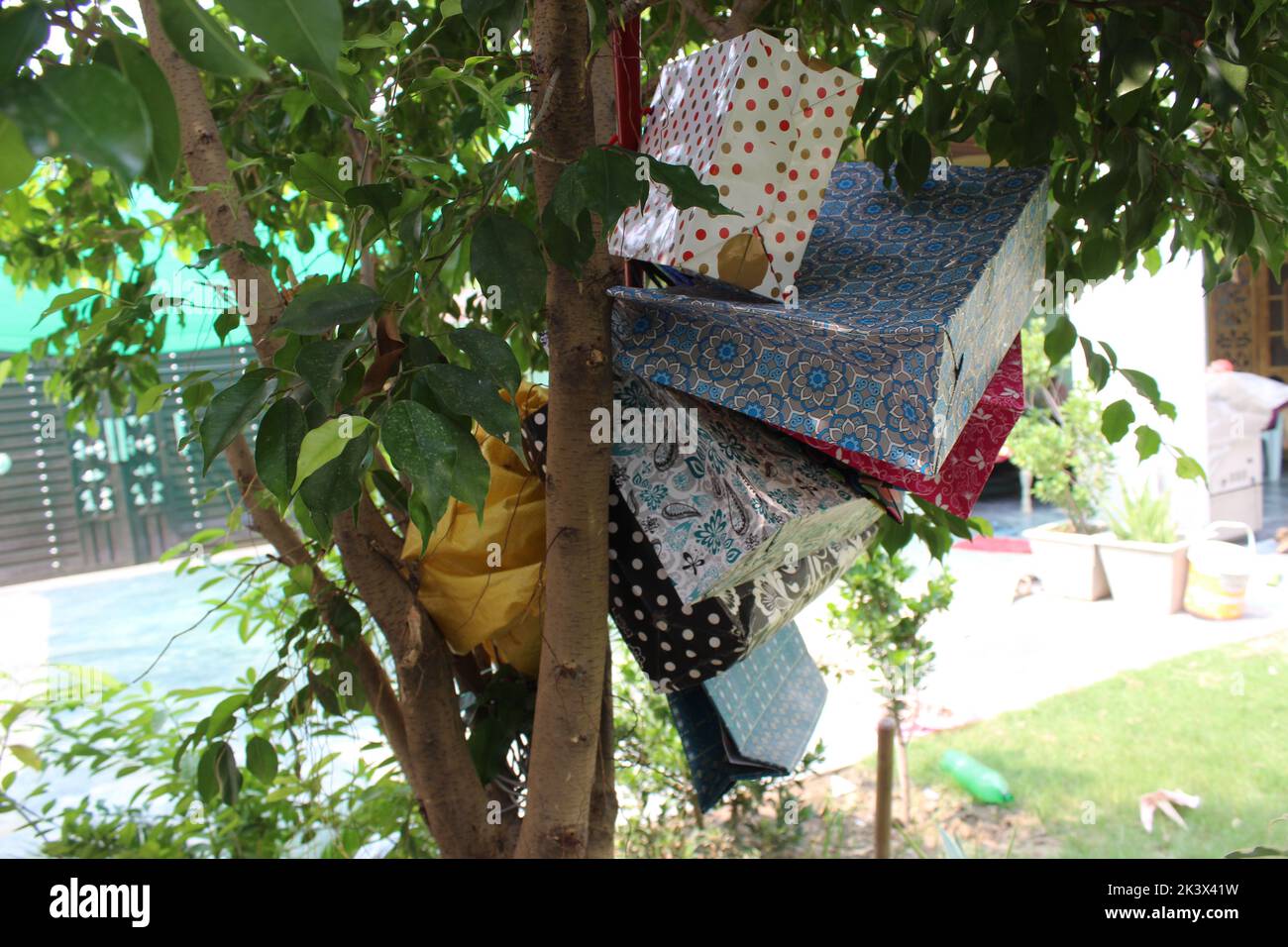 Bunte Papier Einkaufstaschen sind isoliert auf einem grünen natürlichen Hintergrund. Keine Plastiktüten nur umweltfreundliche Taschen. Stockfoto