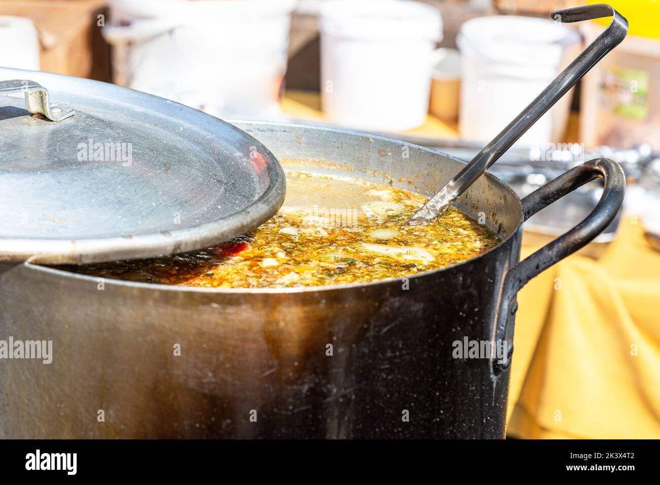 Kochen köstliche reiche Suppe in einem großen Topf im Freien Stockfoto