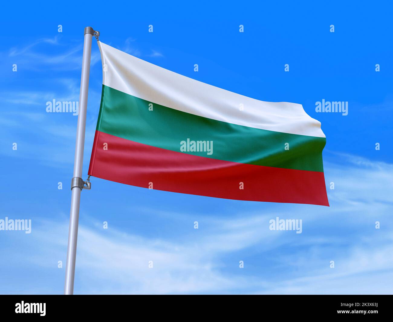 Schöne Bulgarien Flagge winkt im Wind mit Himmel Hintergrund - 3D Abbildung - 3D Rendering Stockfoto