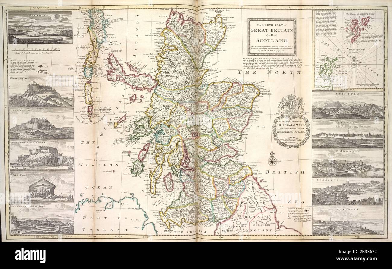 Der nördliche Teil Großbritanniens nannte sich Schottland. Kartografisch. Karten, Atlanten. 1736. Lionel Pincus und Prinzessin Firyal Map Division. Schottland Stockfoto