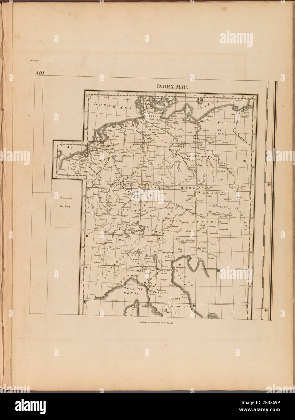 Tafel XIII: Eine allgemeine Karte des Reiches von Deutschland, Holland, den Niederlanden, der Schweiz, den Graubünden, Italien, Sizilien, Korsika und Sardinien Index Map Gillet, Thomas. Kartografisch. Karten. 1800-06-04. Lionel Pincus und Princess Firyal Map Division. Europa, Karten Stockfoto