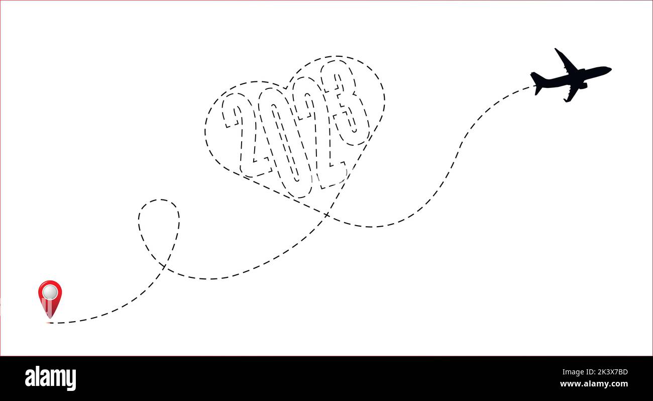 Flugstrecke mit Neujahr 2023 Zahlen im Herzen. Reisen Sie im neuen Jahr. Stock Vektor