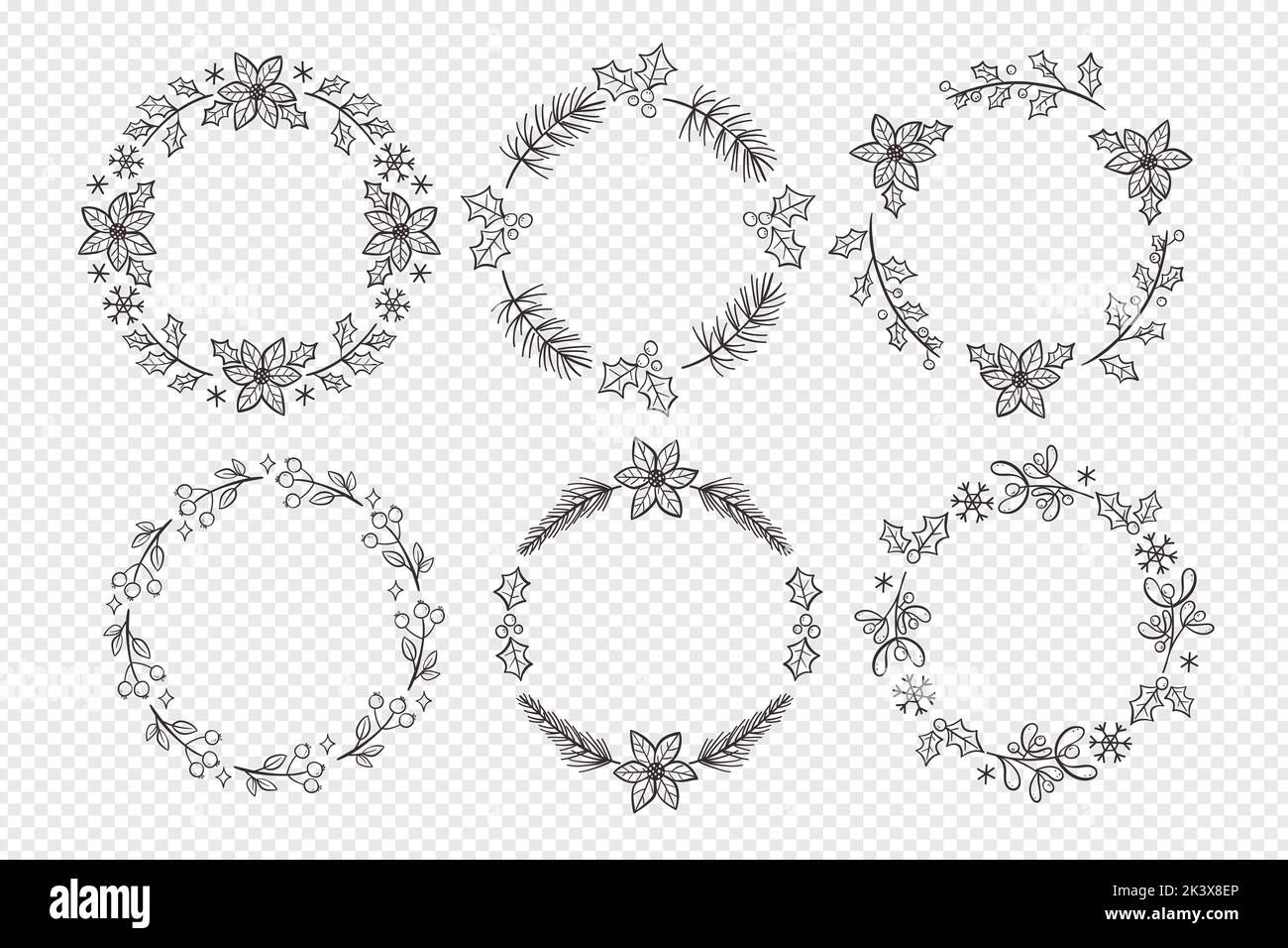 Winter-Doodle-Kranz-Kollektion. Sechs dekorative Blumenkränze der Saison, perfekt für Kugeljournale und Rahmen. Isolierte Vektorelemente. Stock Vektor