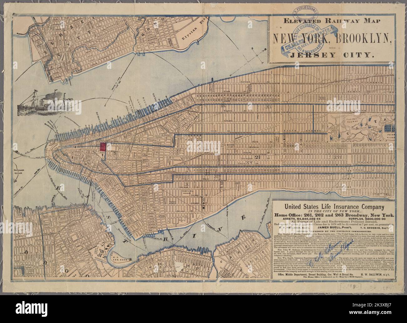 Erhöhte Eisenbahnkarte von New York, Brooklyn und Jersey City 1880. United States Life Insurance Co. (New York, N.Y.). Kartografisch. Karten. Lionel Pincus und Princess Firyal Map Division. Manhattan (New York, N.Y.), Brooklyn (New York, N.Y.), New York (N.Y.), Jersey City (N.J.), Manhattan (New York, N.Y.) , Administrative und politische Divisionen, Local Transit , New York (Staat) , New York (N.Y.), Piers , New York (Staat) , New York (N.Y.) Stockfoto
