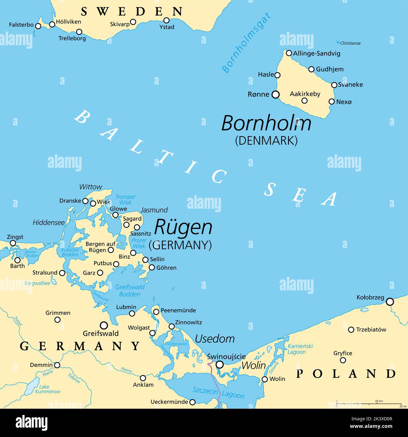Politische Karte von Bornholm, einer dänischen Insel, und Rügen, der größten Insel Deutschlands. Beide Inseln liegen in der südlichen Ostsee. Stockfoto