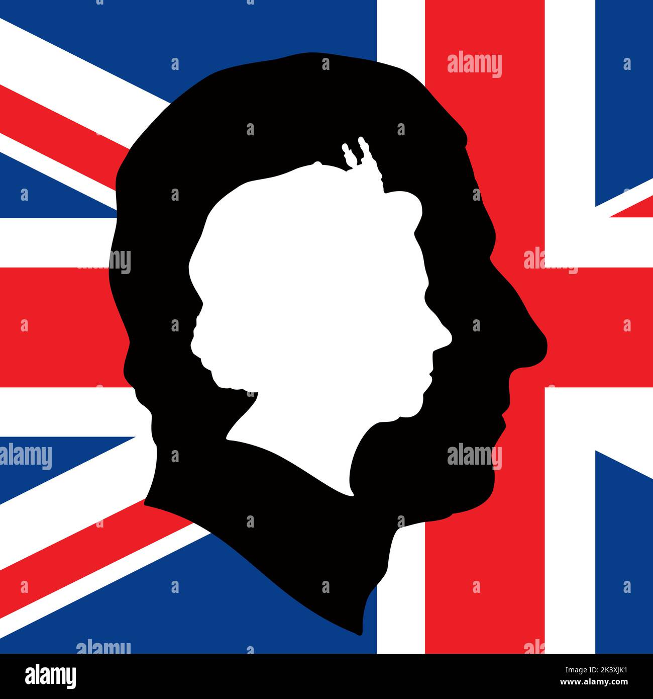 Charles III und Elizabeth II Porträt-Profil Silhouette auf der britischen Flagge, Vektor-Illustration Stock Vektor