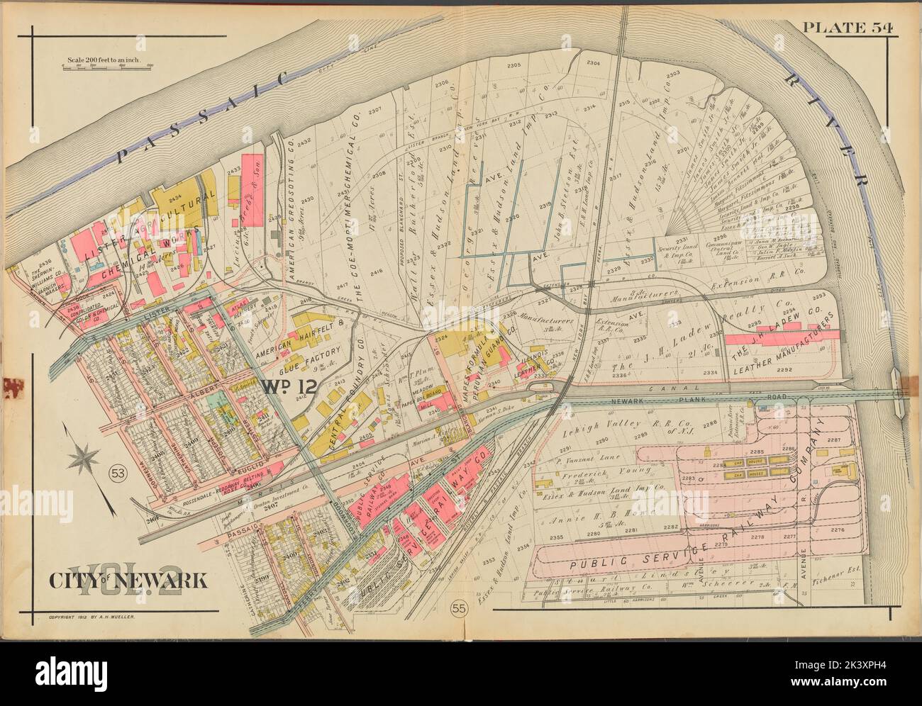 Newark, V. 2, Doppelseite Platte Nr. 54 Karte begrenzt durch Passaic River, Ferry St., Catherine St., Cornelia St. kartografisch. Atlanten, Karten. 1911-12. Lionel Pincus und Princess Firyal Map Division. Newark (N.J.) Stockfoto