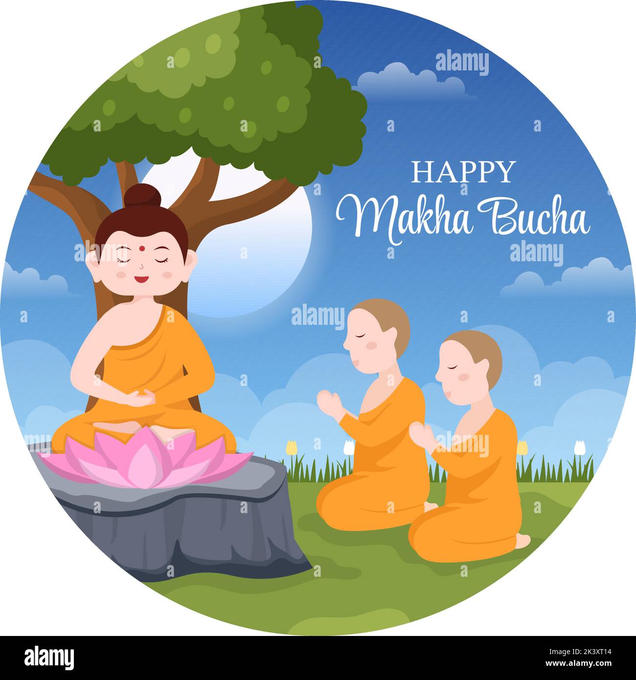 Happy Makha Bucha Day Template Handgezeichneter Cartoon flache Illustration Buddha sitzt in Lotusblume unter Bodhi Baum in der Nacht von Mönch umgeben Stock Vektor