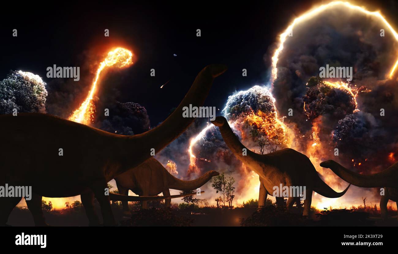 Ein 3D illustrierender Angriff auf einen Asteroidenschlag, der vor 65 Millionen Jahren zum Aussterben der Dinosaurier führen würde. Stockfoto