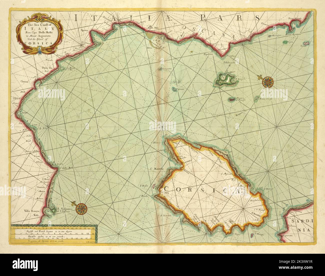 Die Küste ITALIENS vom Kap DelleMelle bis zum Monte Argentato mit der Insel KORSIKA 1702 - 1707. Kartografisch. Karten, Seekarten. Lionel Pincus und Princess Firyal Map Division. Korsika (Frankreich), Mittelmeer, Italien, frühe Arbeiten bis 1800 Stockfoto