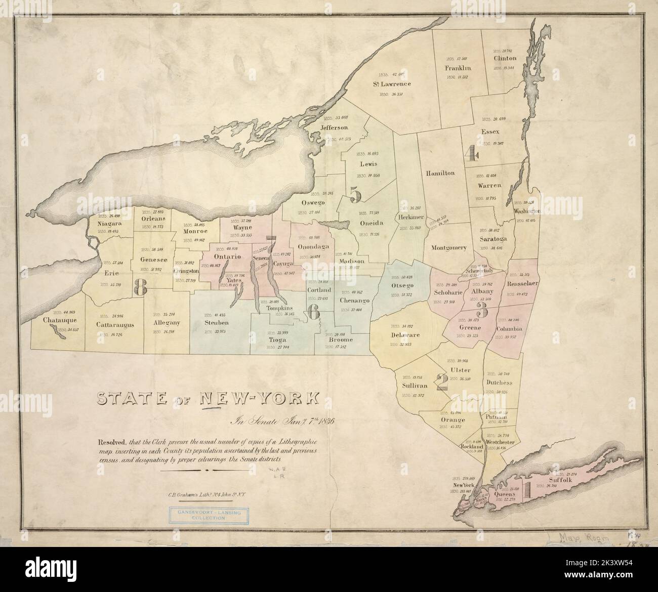 Staat New York : im Senat Jany. 7., 1836 kartografisch. Karten. 1836. Lionel Pincus und Prinzessin Firyal Map Division. New York (Staat) , Administrative und politische Divisionen, New York (Staat) , Zensus, 1830, New York (Staat) , Zensus, 1835, New York (Staat) , Bevölkerung, New York (Staat). Gesetzgeber. Senat Stockfoto