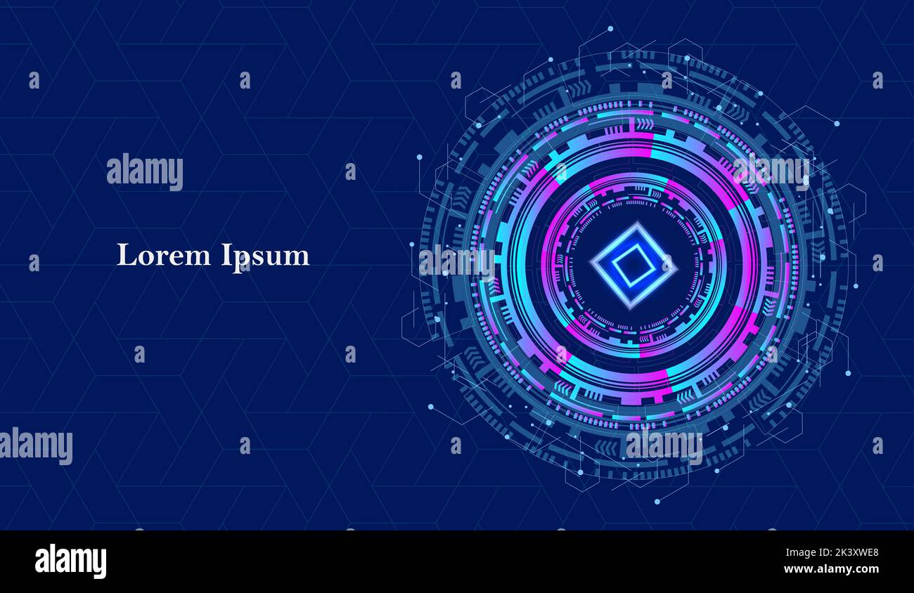 Abstrakter blau-violetter Technologiekreis, futuristisches Muster, geometrischer marineblauer Texturhintergrund, wissenschaftliches Konzept Stockfoto