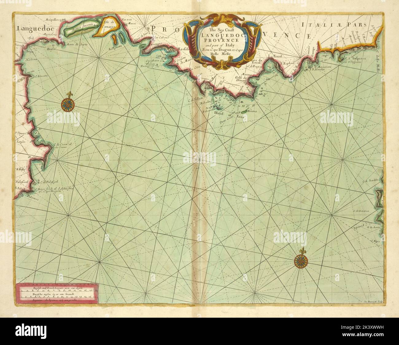 Die Küste des LANGUEDOC PROVENCE und ein Teil Italiens vom Kap Dragon bis zum Kap Delle Melle 1702 - 1707. Kartografisch. Karten, Seekarten. Lionel Pincus und Princess Firyal Map Division. Mittelmeer, Frankreich, Italien, frühe Arbeiten bis 1800 Stockfoto