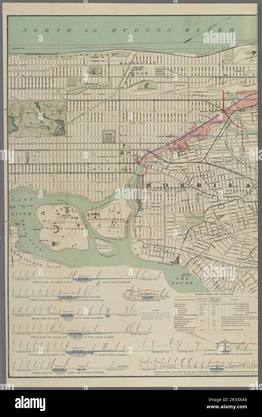 Karte des Harlem River und des Spuyten Duyvil Creek von ward's Island zum Hudson River: Zeigt das Projekt für einen 60 Fuß breiten überdachten Wasserweg, der an der westlichen Linie des Harlem River von der östlichen Seite der Third Avenue zur 165. Street gebaut werden soll, New York City und das Ausfüllen zwischen den genannten Punkten, damit die Alleen und Straßen von Harlem nach Morrisania erweitert werden können ... wie vom New York Harbour Line Board empfohlen und vom Secertary of war, Oktober 18., 1890 nach Plänen von Simon Stevens und G. Thaddeus Stevens Stevens, Simon. Kartografisch. Karten. 1892. Lionel Stockfoto