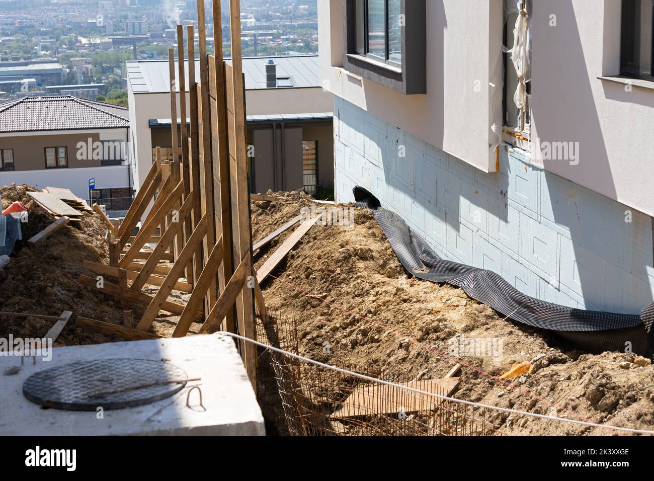 Haus Fundament Isolierung Details mit Imprägnierung Membran Stockfoto