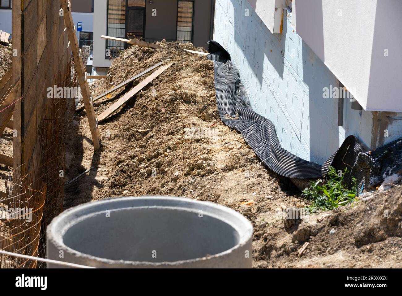 Haus Fundament Isolierung Details mit Imprägnierung Membran Stockfoto